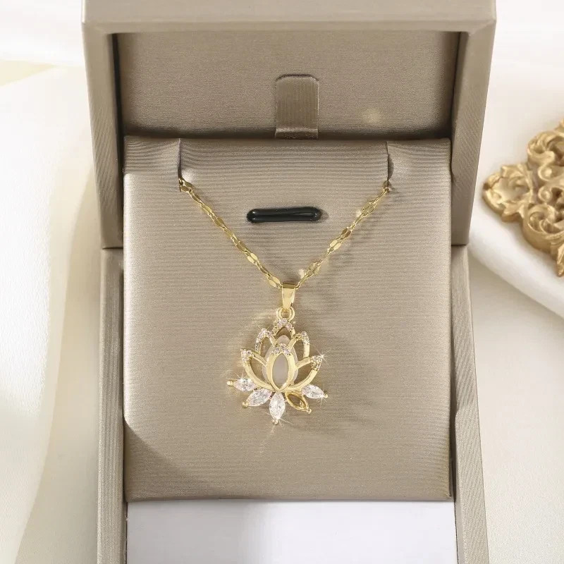 Women’s Fashion Jewelry Cubic Zircon Gold Lotus Flower Pendant Necklace USA Gift