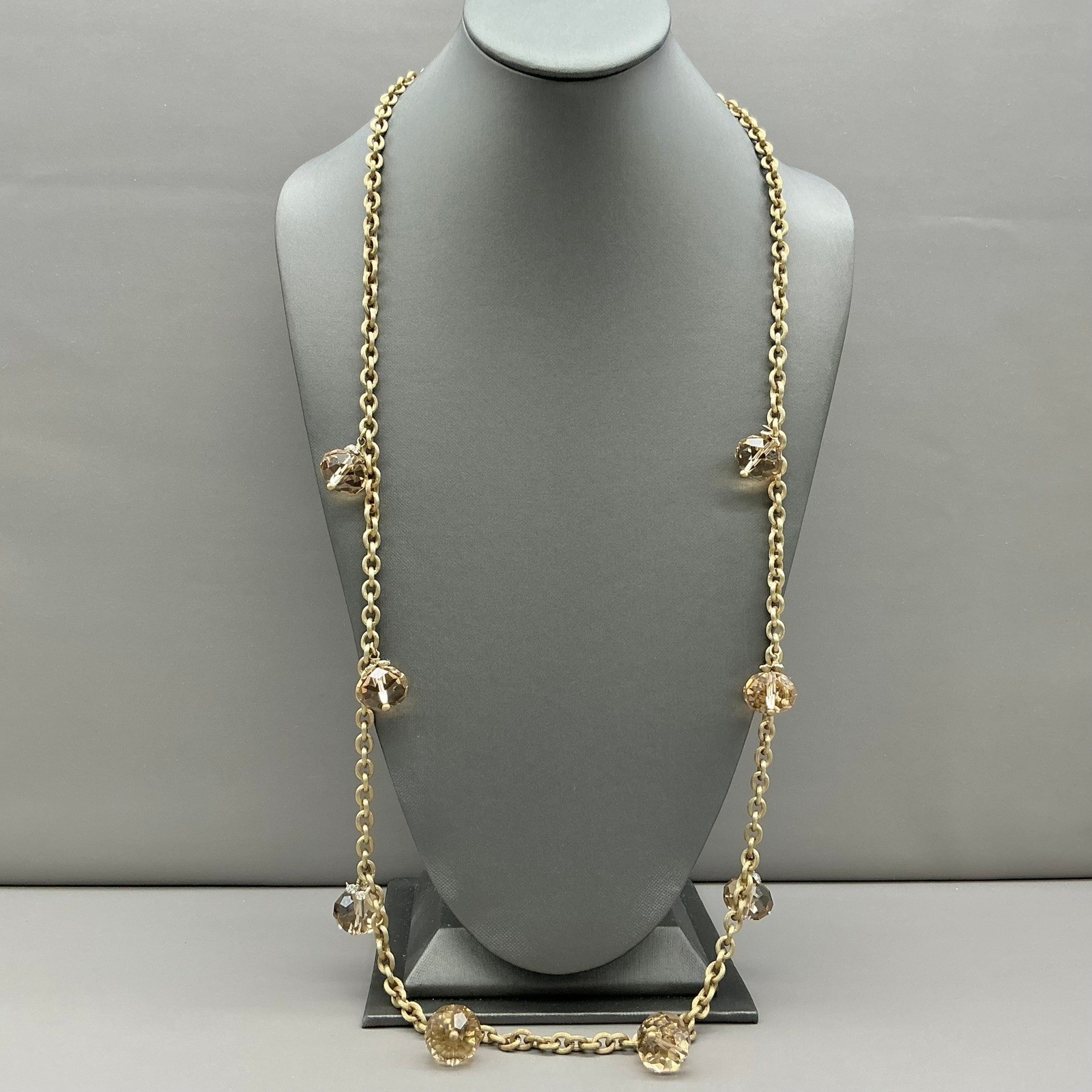 Necklace Womens Gold Tone Crystal Station Textured Link Chain Jewelry 30 Inches