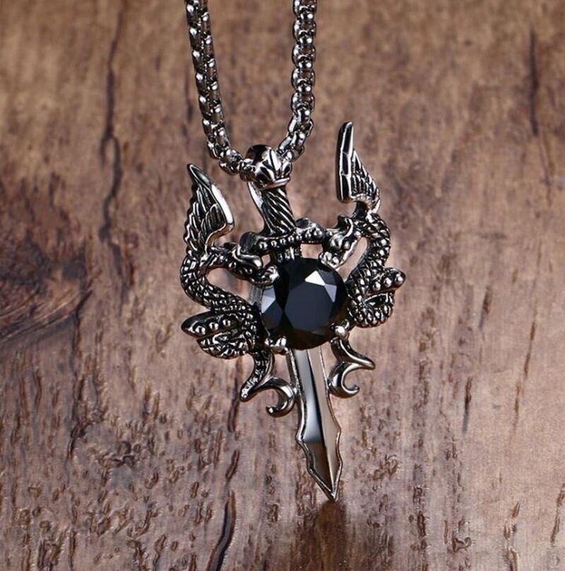 Men’s Fashion Jewelry Gothic Silver Double Dragon Sword Pendant Necklace 1-93