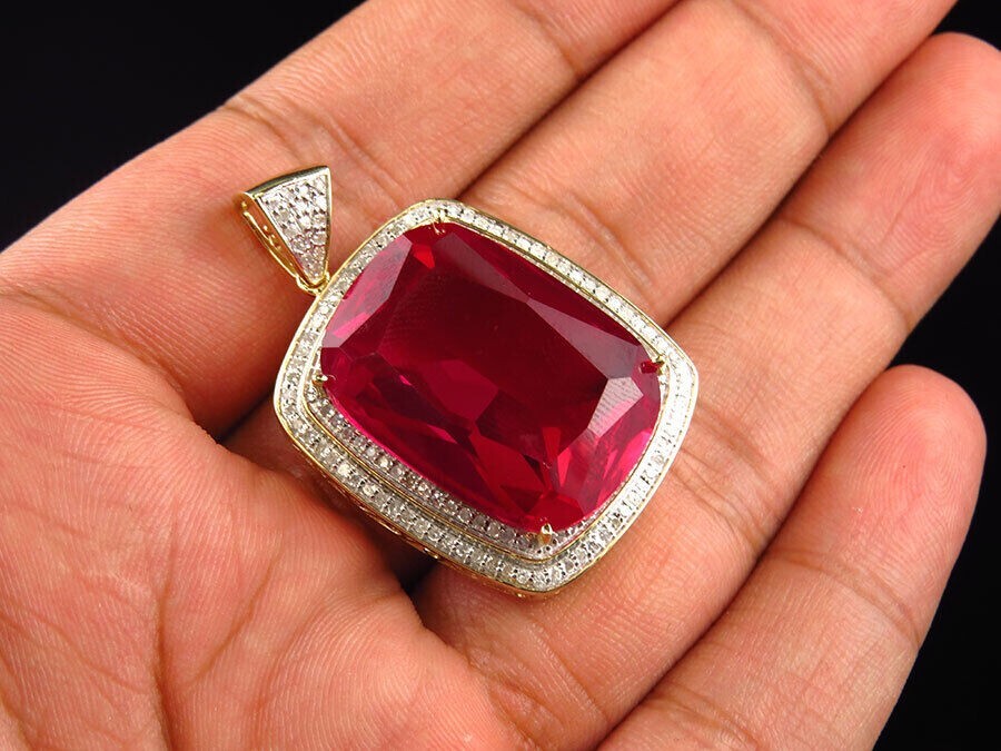 Cushion Simulated Red Ruby Women’s Stunning Fancy Pendant 14K Yellow Gold Plated