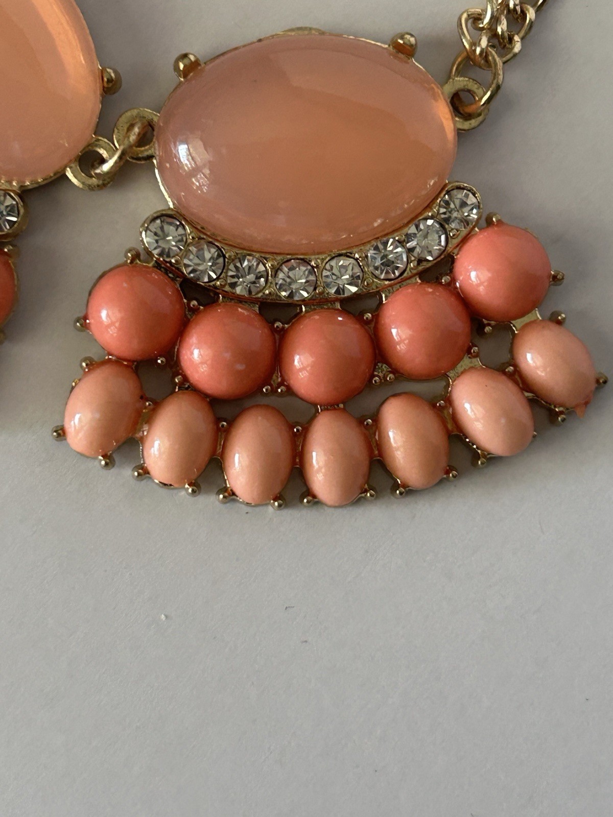 Blush Pink Coral Statement Bib Necklace Gold Tone Rhinestone Cabochon Boho