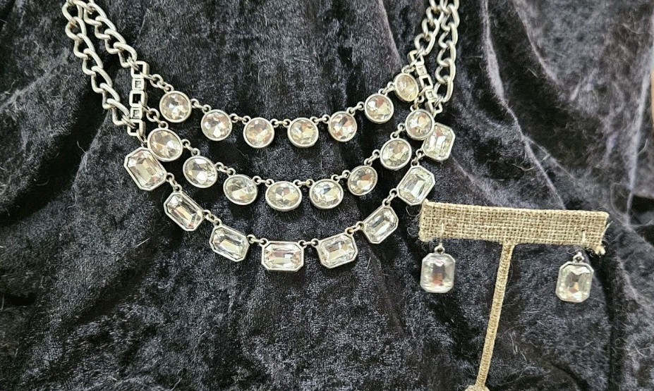 Premier Designs Crystal Multi-Strand Silver Necklace & Earrings Set
