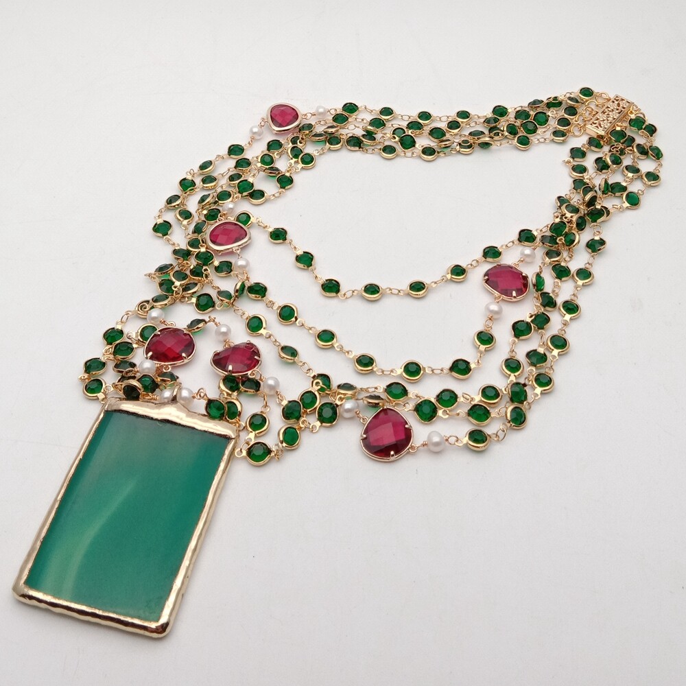 5 Strands 18” White Pearl Green Crystal Chain Necklace Green Agate Pendant