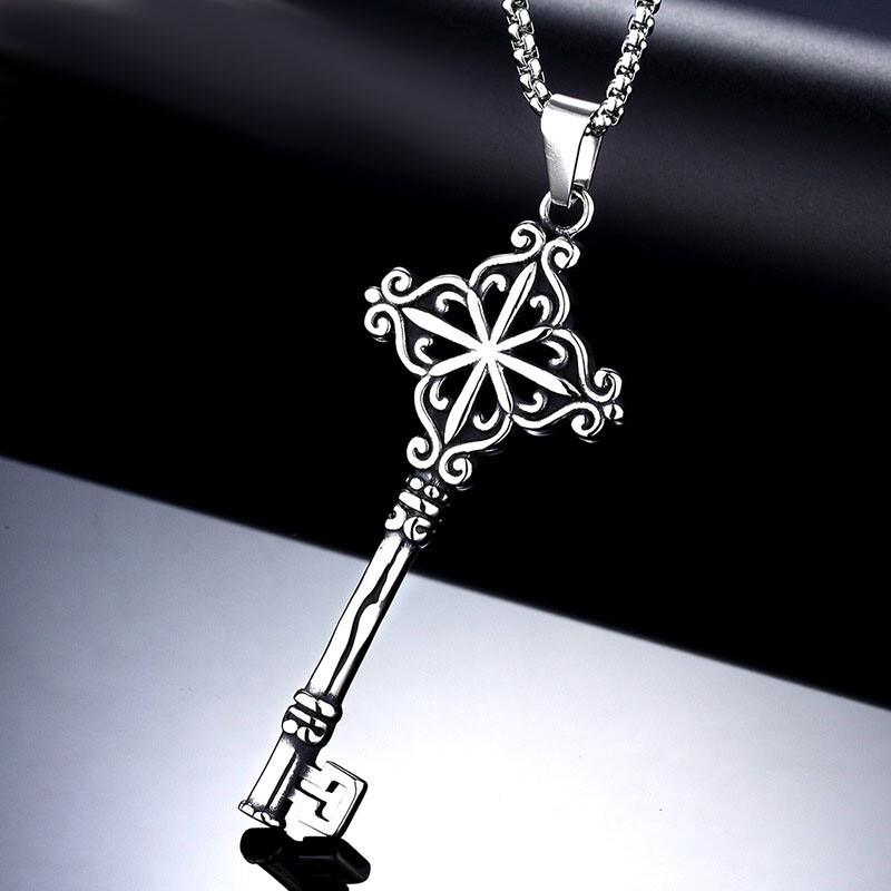 MENDEL Gothic Mens Stainless Steel Hip Hop Key Pendant Necklace Men Silver Chain
