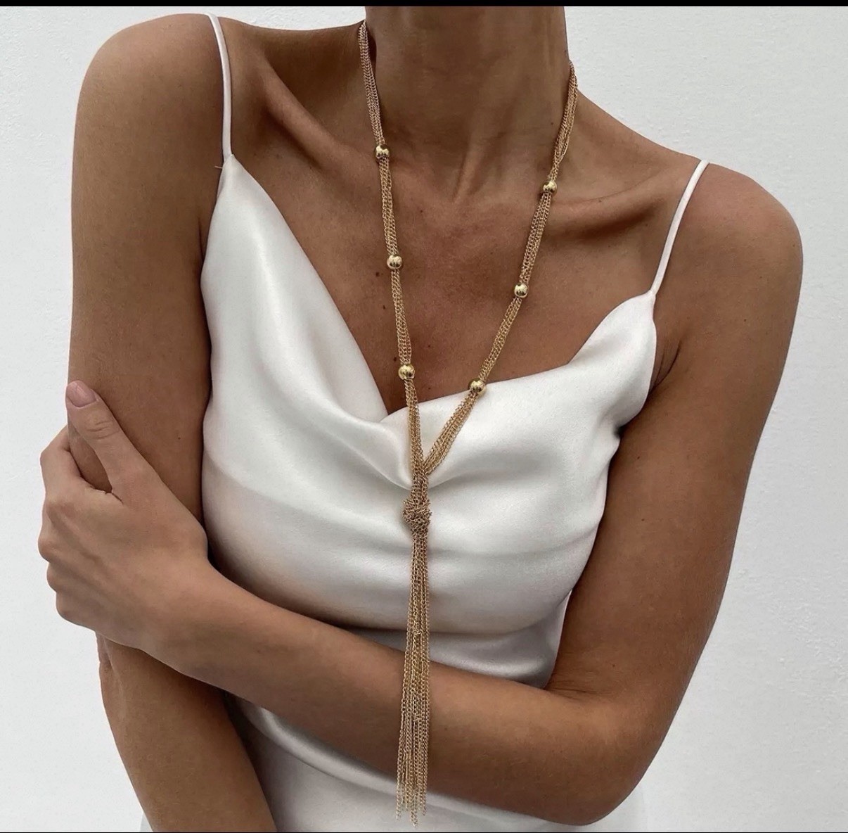 Gold Tone Multi Chain Tassel Y Necklace Long Beaded Statement Fashion Jewelry