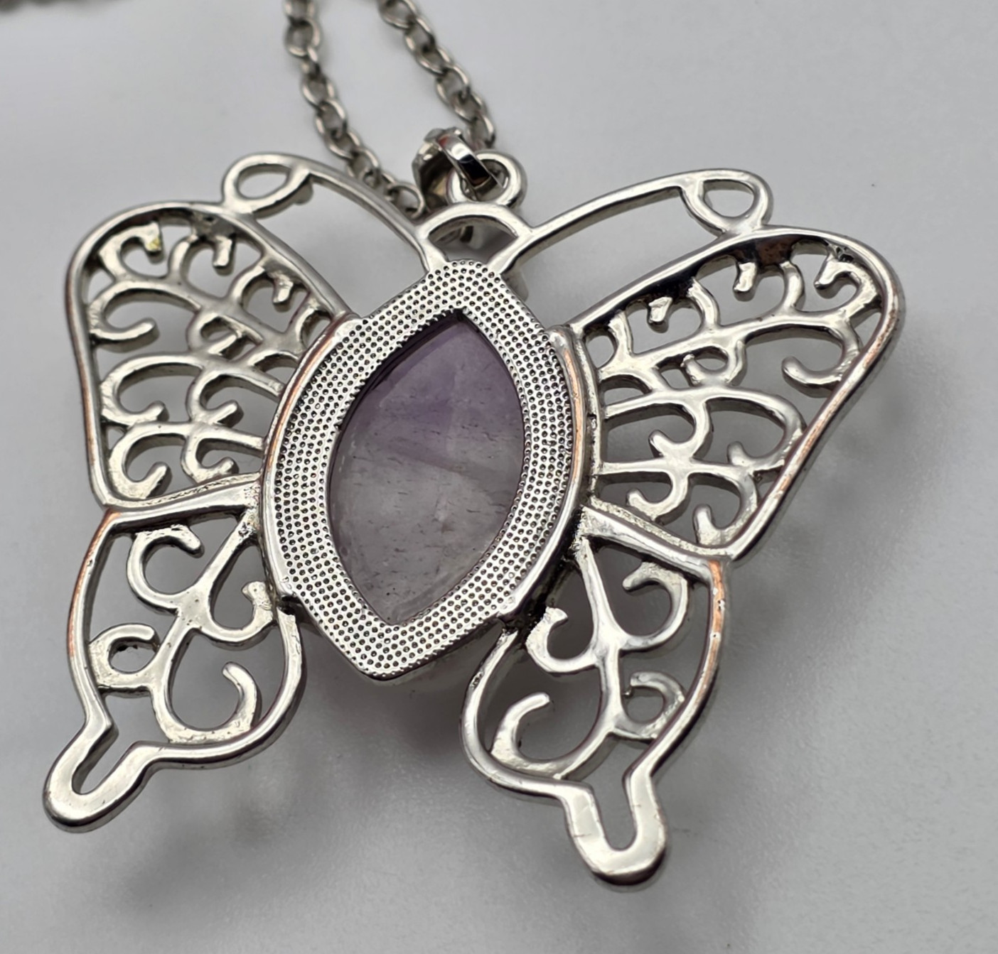 Purple Amethyst Cabochon Filigree Butterfly Pendant Necklace Silver Tone 27 In