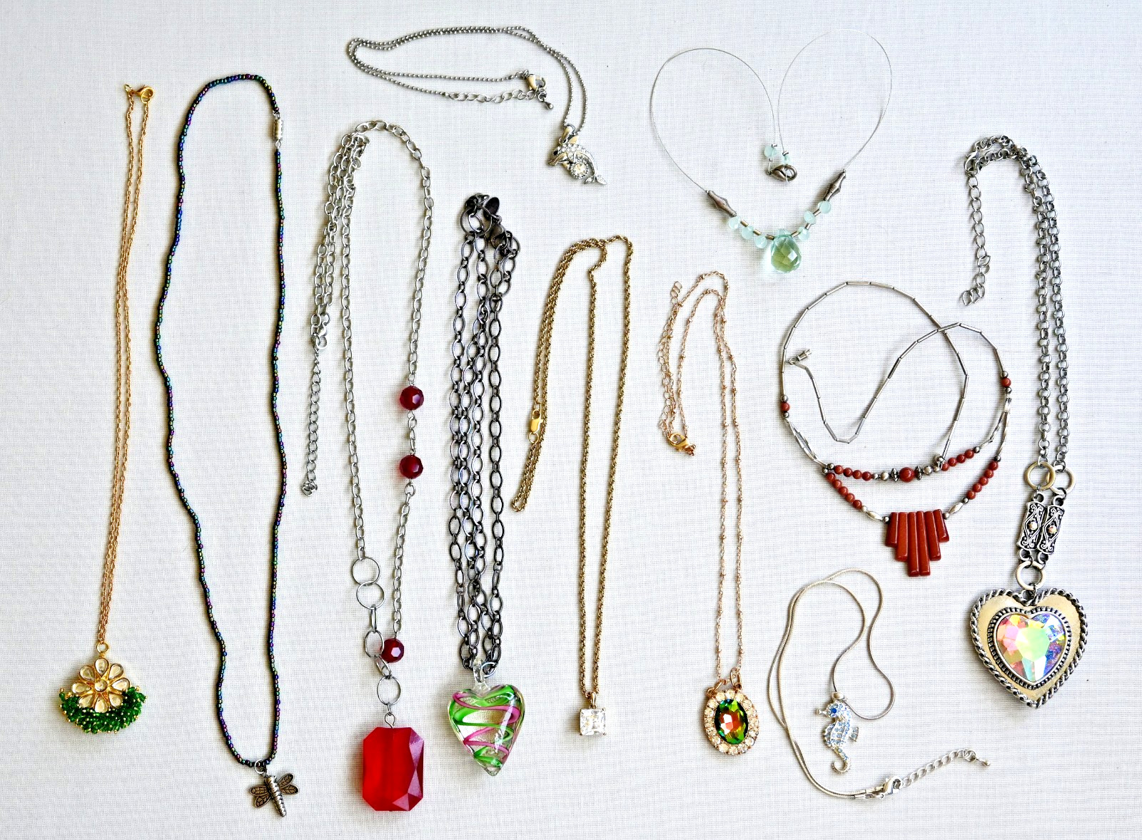 Assorted Lampwork Glass Rhinestone Heart Pendant Beaded Necklace Lot Grab Bag