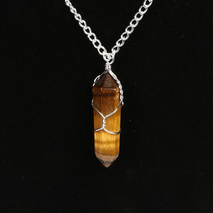 Wire Wrapped Tiger Eye Point Pendant Chakra Crystal Pendant Silver Wrap Necklace