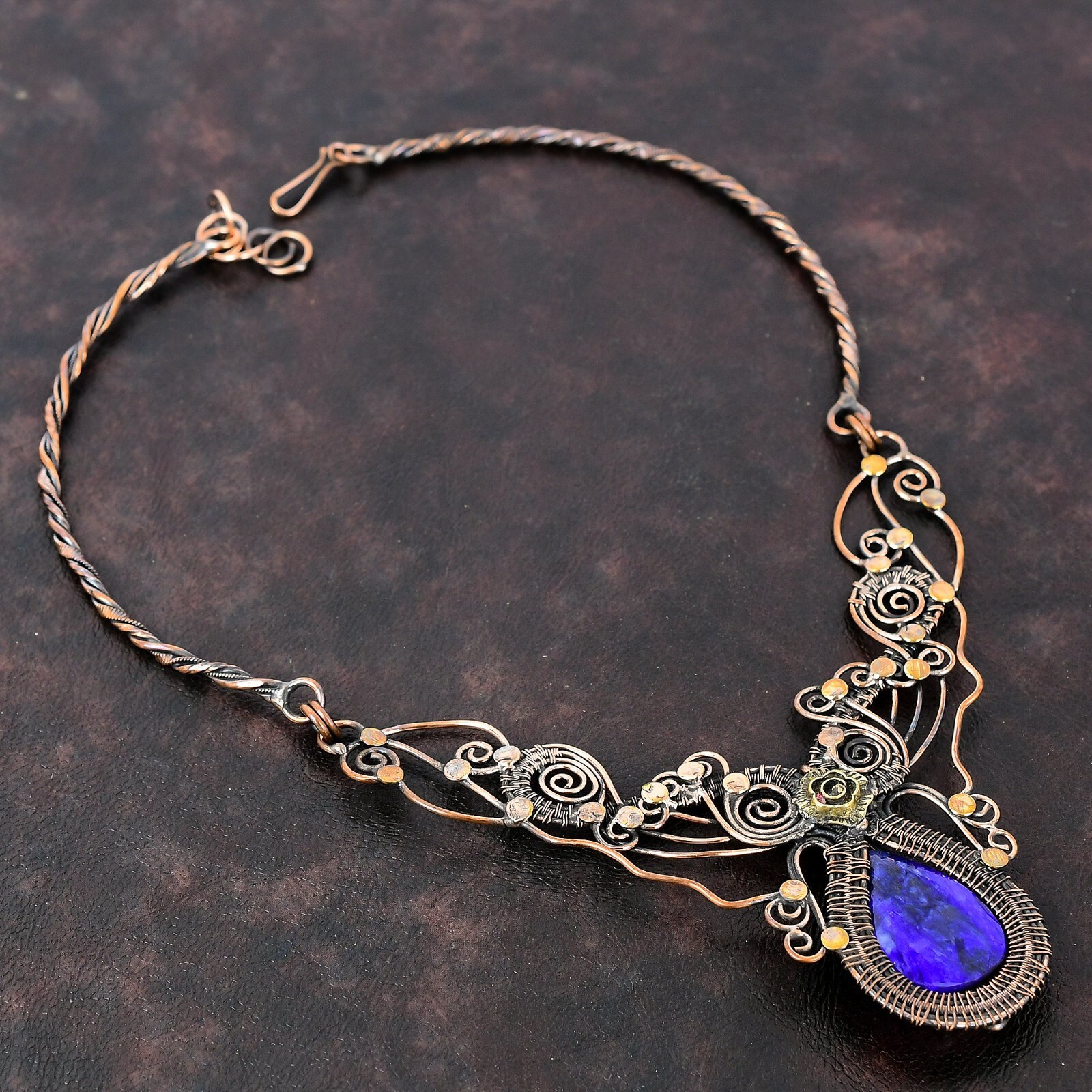 Gift Wire Wrapped Flower Chain Adjustable Necklace Copper Blue Saphire 18.0″