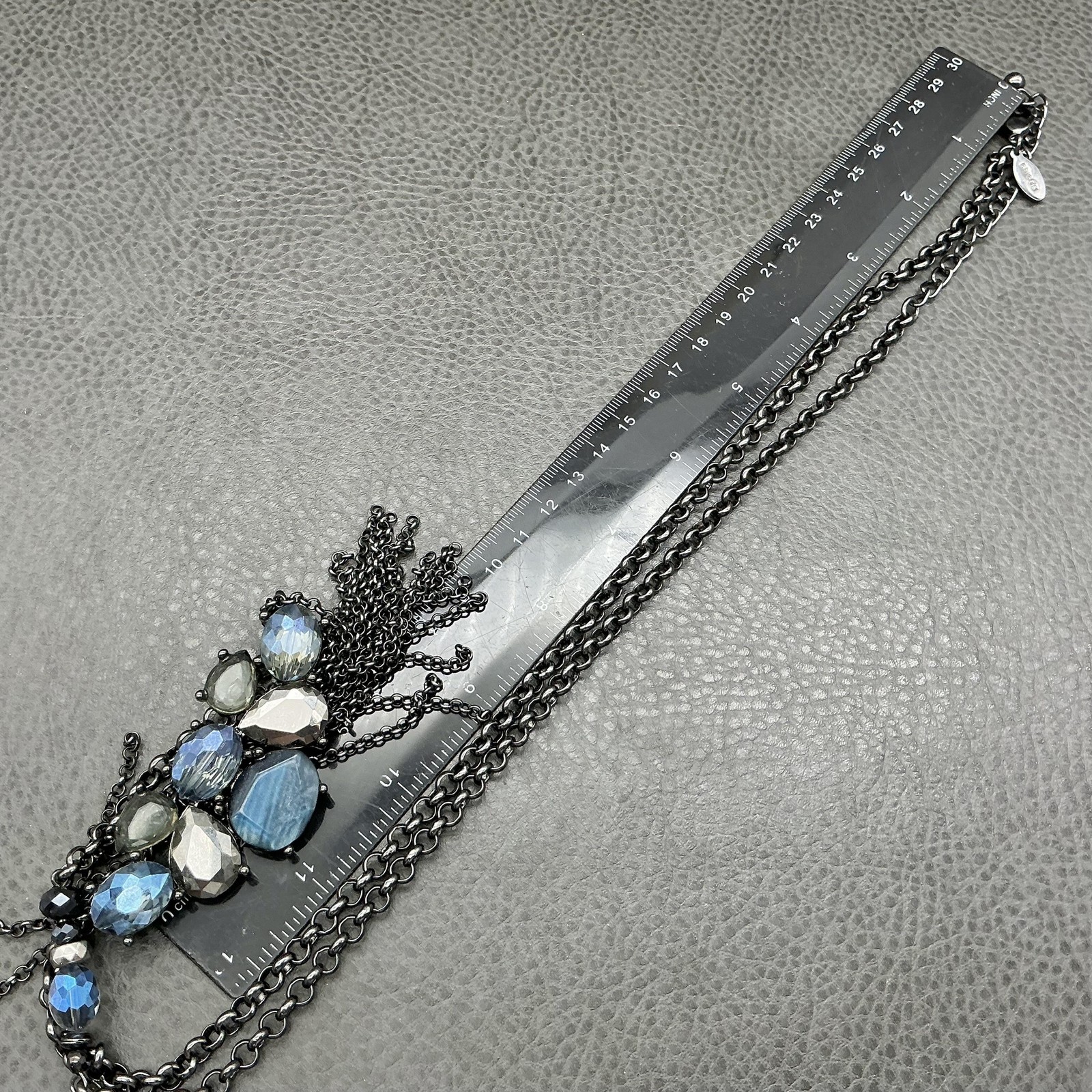 Chicos Necklace Silver Tone Blue Glass Bib Fringe 32 In Womens Statement Jewelry