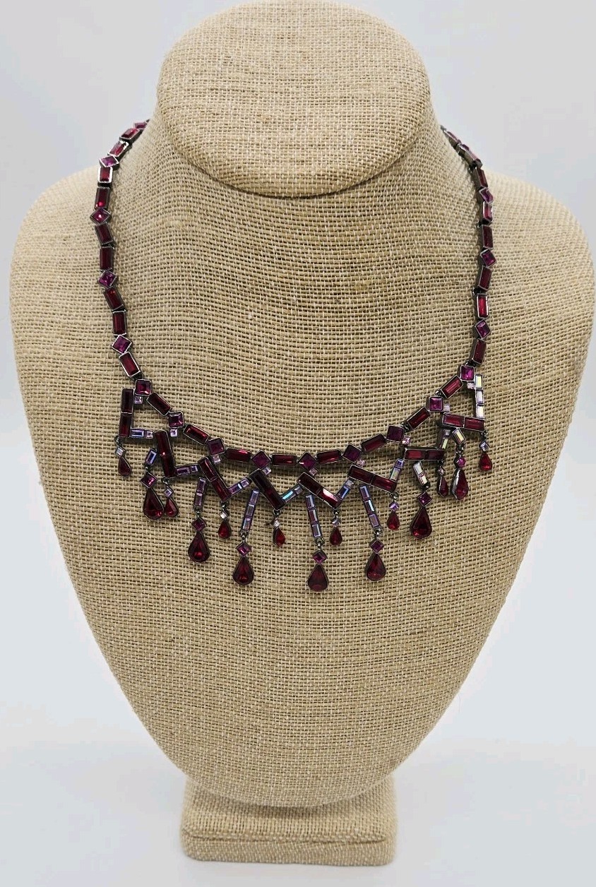 Givenchy Necklace Pink Red Crystal Gunmetal tone Vintage Retired pc 17 in Choker