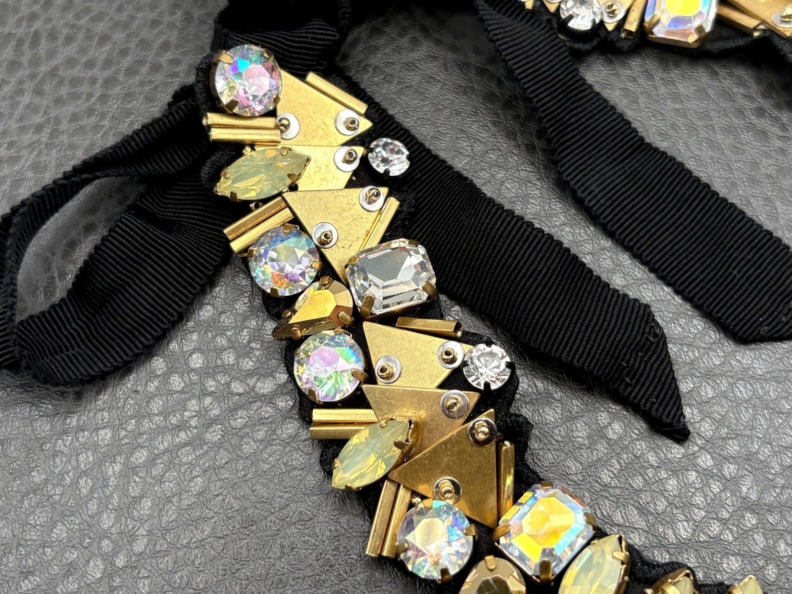 J Crew Crystal Rhinestone Statement Bib Necklace Black Fabric Ribbon Gold Tone