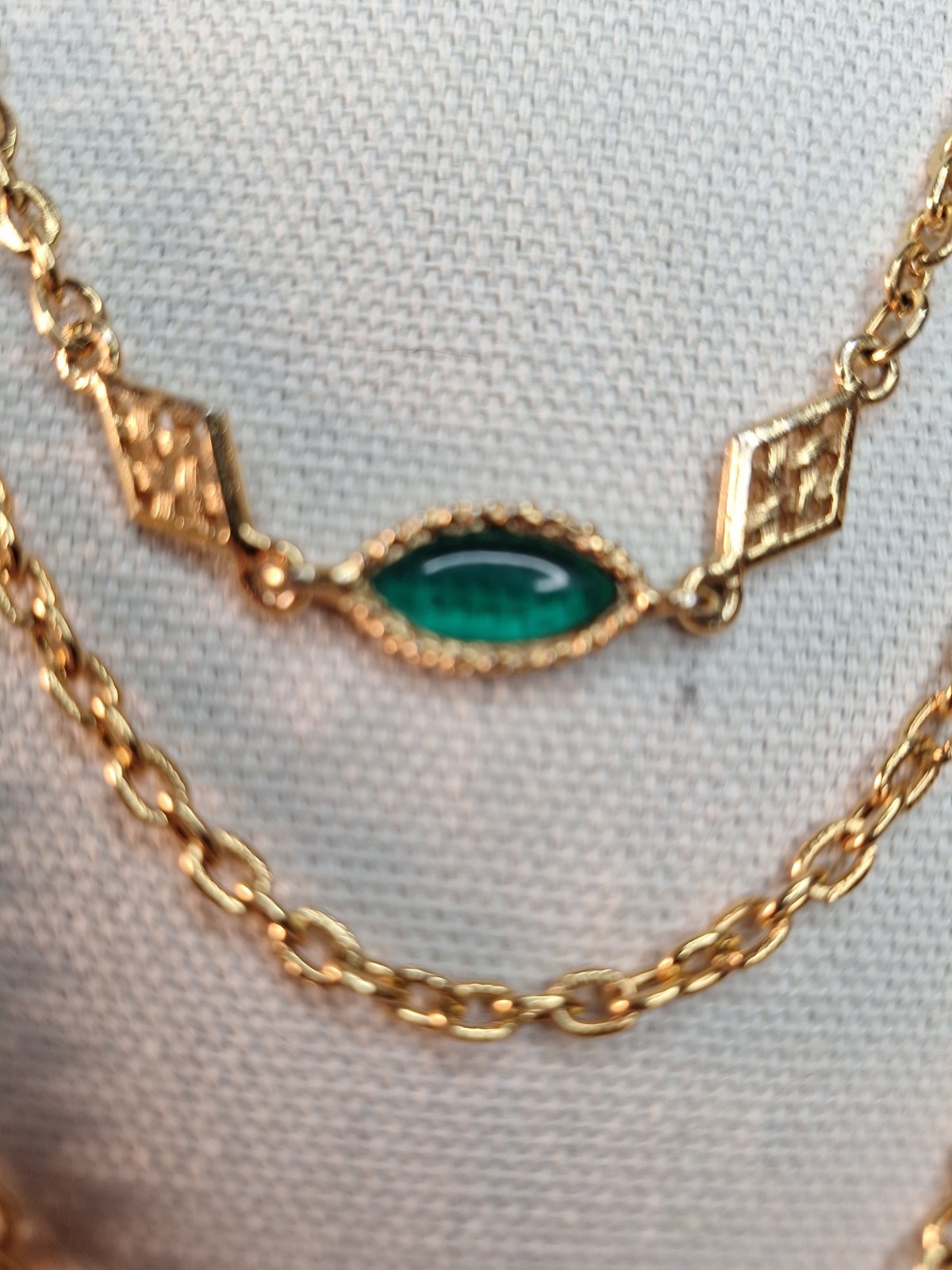 Goldtone Necklace With Multiple Layered Chains & Marquise-cut Green Gemstones