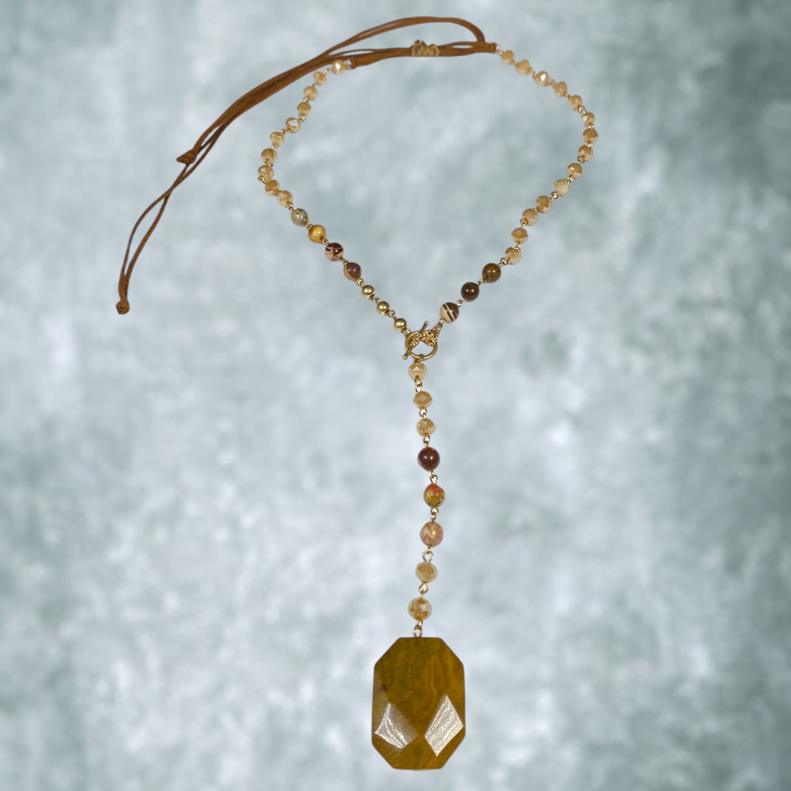 Versona Chunky Stone Pendant Necklace Y Drop Lariat Faceted Glass Earth Tone
