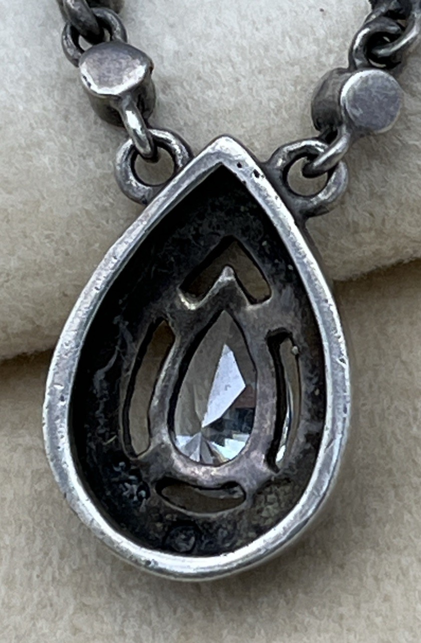 925 Sterling Silver Marcasite Style Glass Pear Pendant Necklace 48cm Vintage