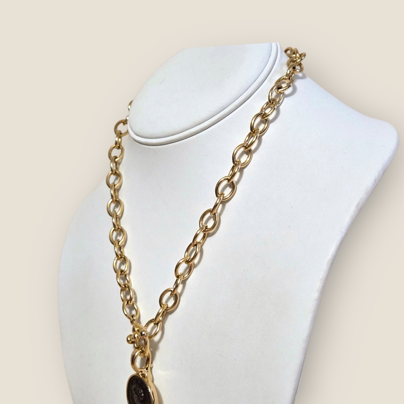 Gold Plated Toggle Necklace 17″ & Bronze Coin Enhancer Pendant & Coin Earrings