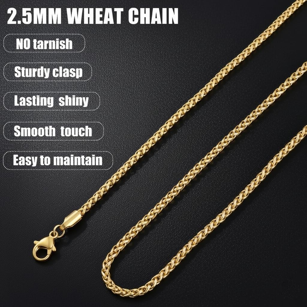 14K Gold Plated Wheat Chain Necklace, Stainless Steel 16-28 Inch, 2-5mm Unisex