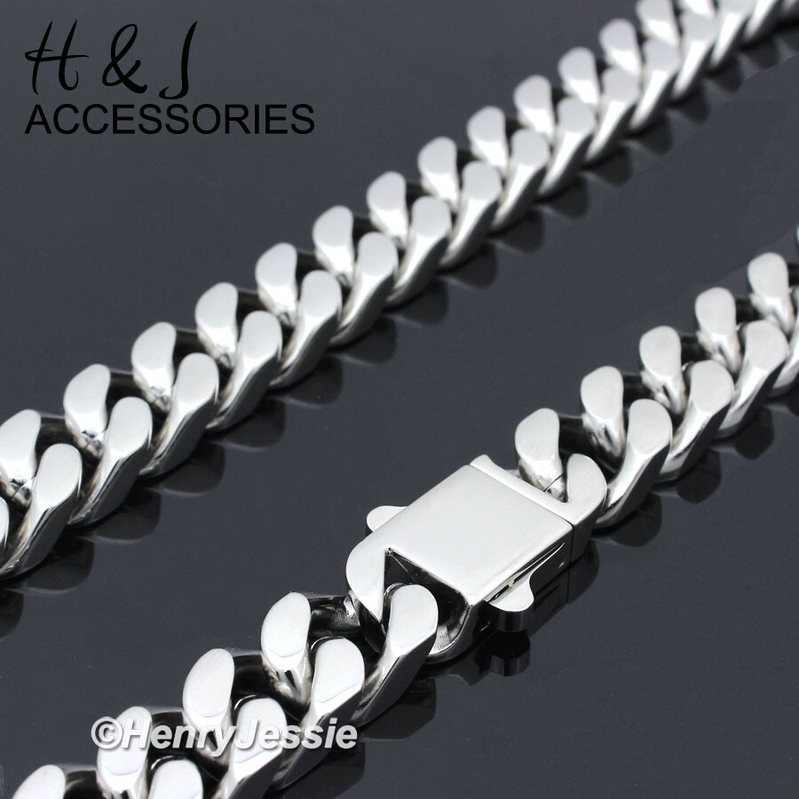 16″-40″MEN 316L Stainless Steel 10mm Silver Miami Cuban Curb Chain Necklace
