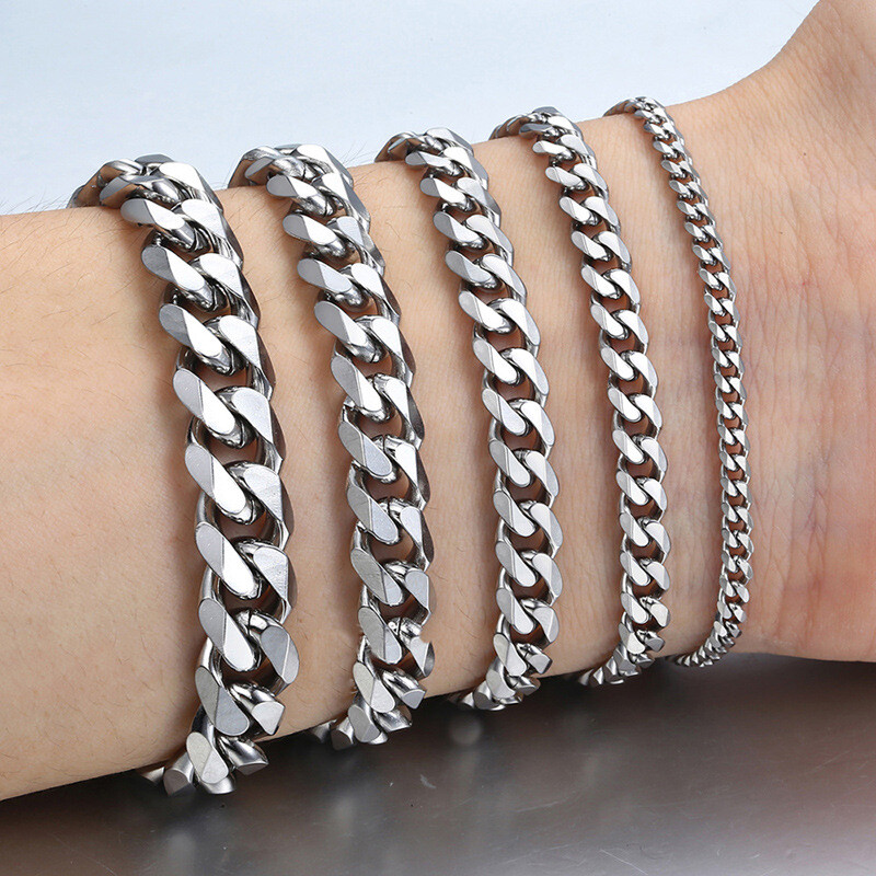 16-36″ Stainless Steel Silver Chain Cuban Curb Womens Mens Necklace 3/5/7/9/11mm