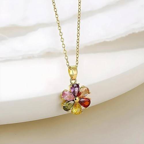 Women’s Colorful Cubic Zirconia Flower Shaped Pendant Necklace 18k Gold Plated