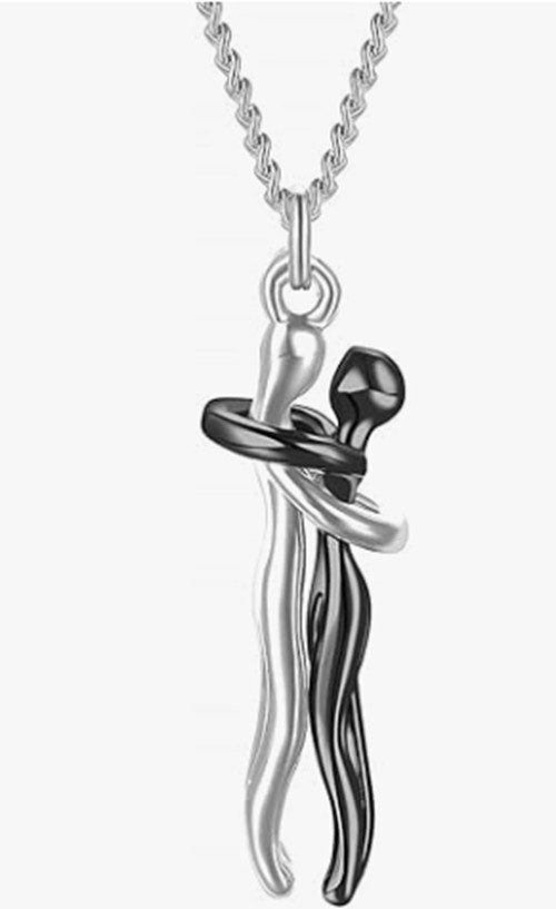 Hugging Couple Stainless Steel Pendant Necklace – Silver Male & Black Female
