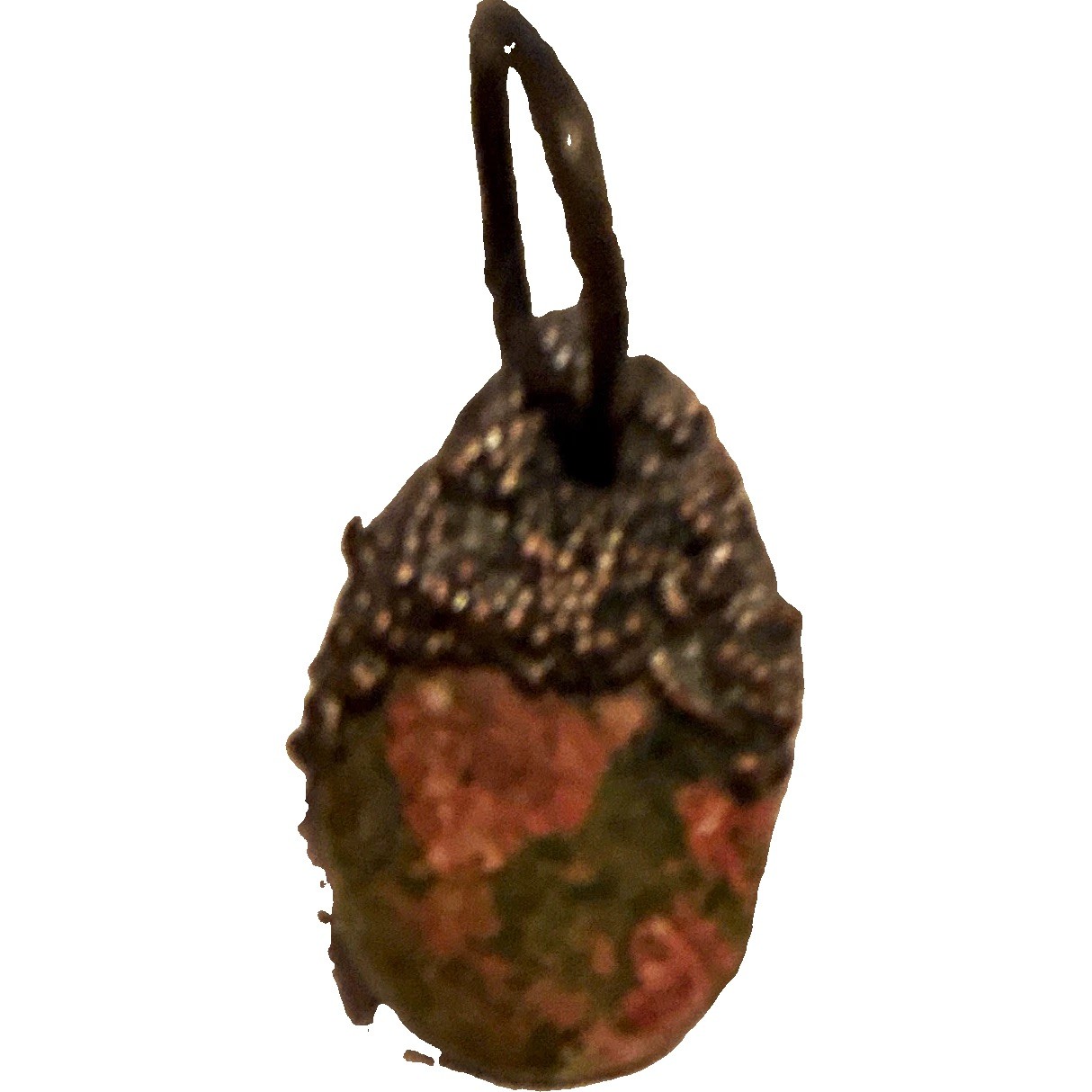 Oval Stone Pendant Charm – Green & Pink Stone w/ Dark Metal. No chain included