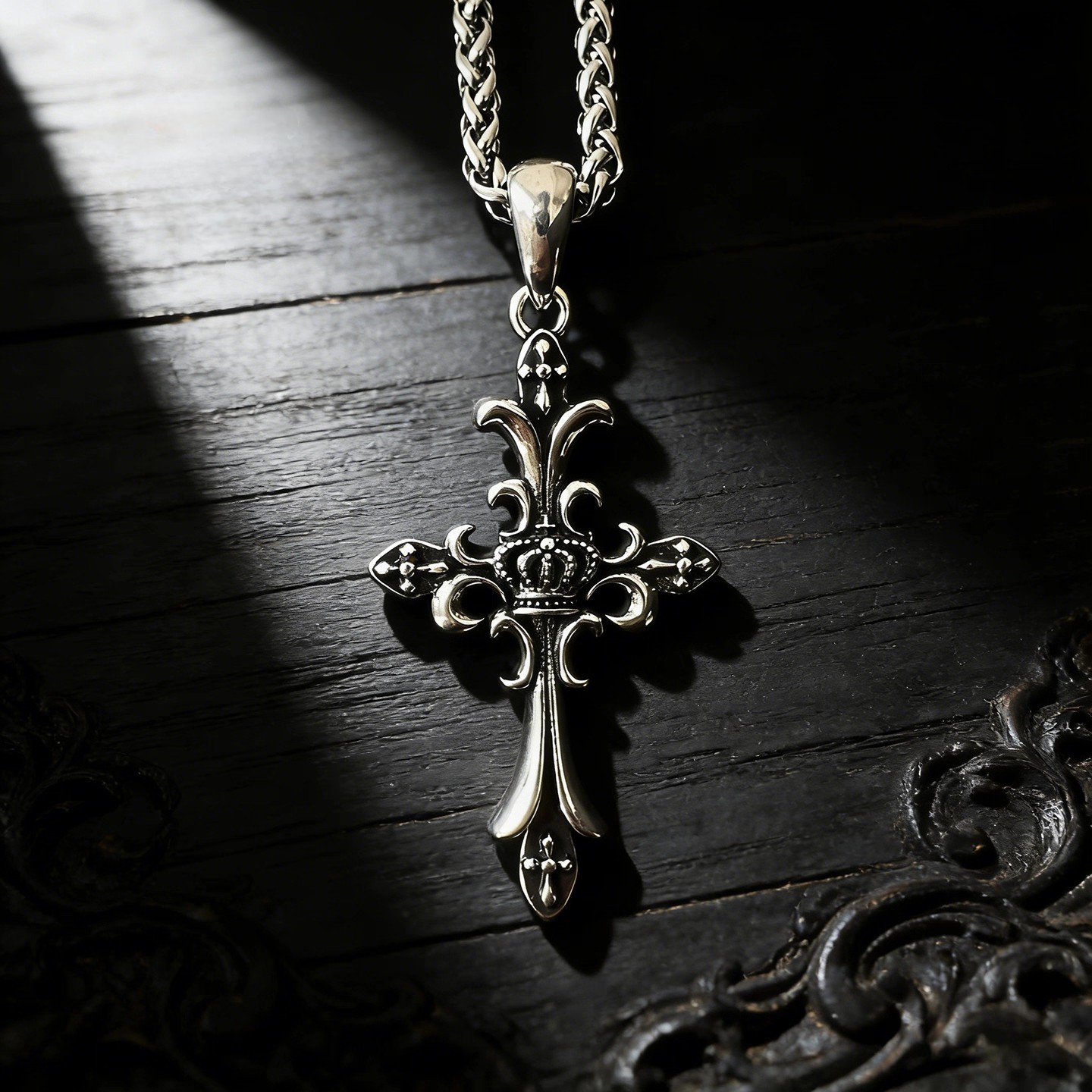 Sculpted Fleur De Lis Crown Cross Necklace, Antiqued Punk Biker Men’s Jewelry