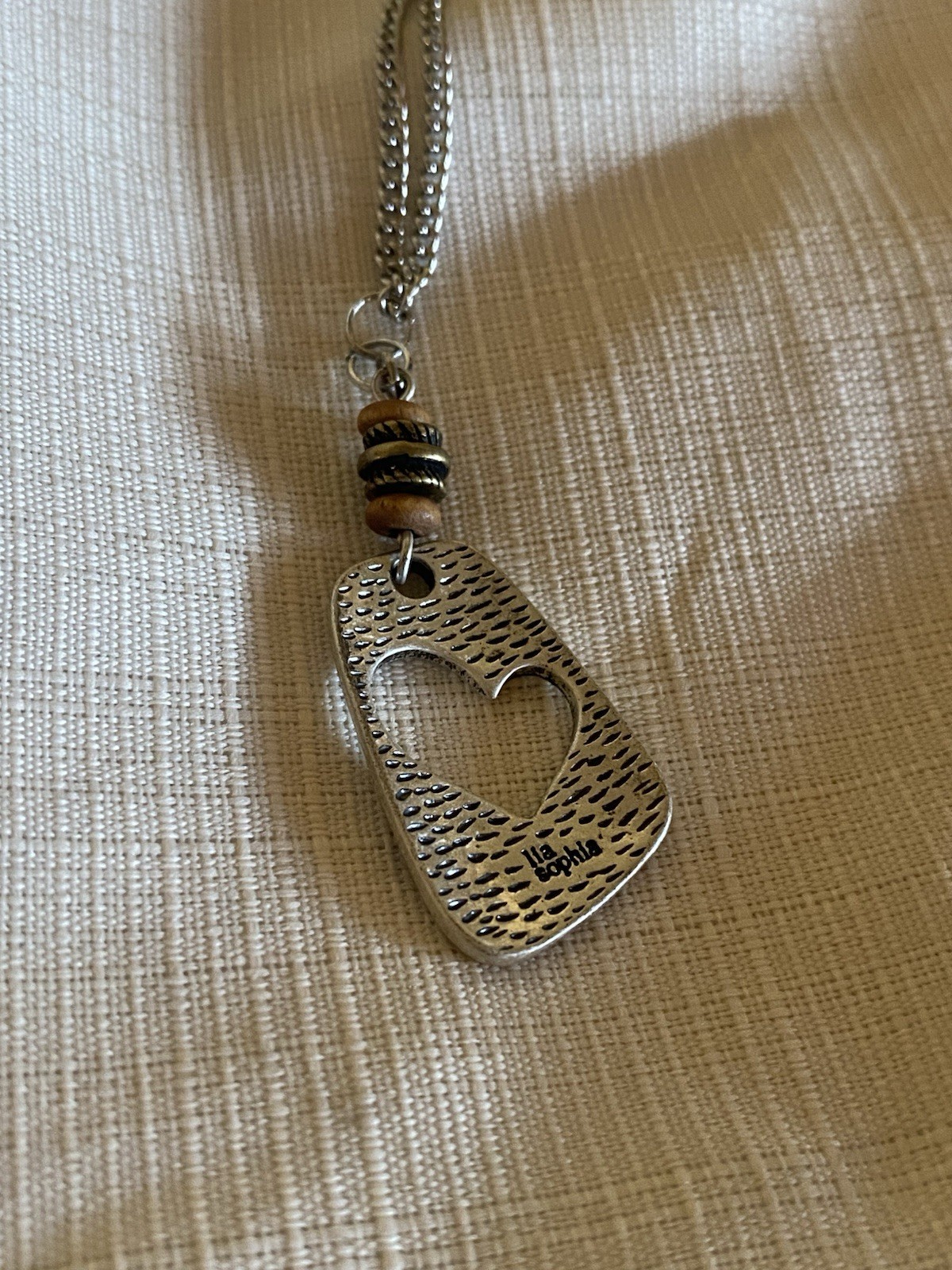 Lia Sophia Heart Pendant Necklace Silver Tone Wood Bead Boho Cottagecore