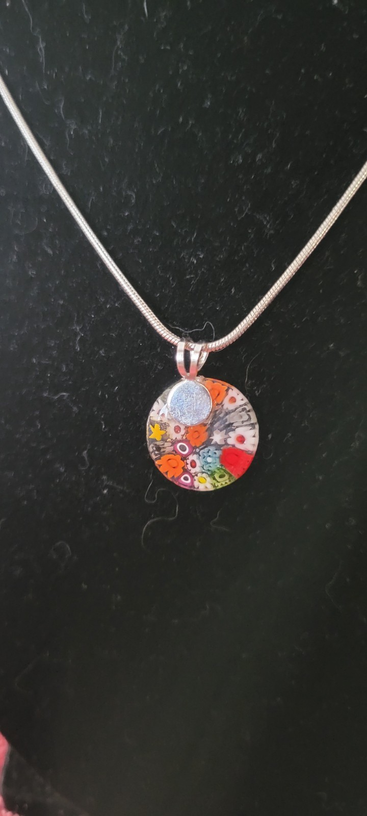 Silver Tone Round Multicolor Glass Flower Pendant Necklace, Snake Chain