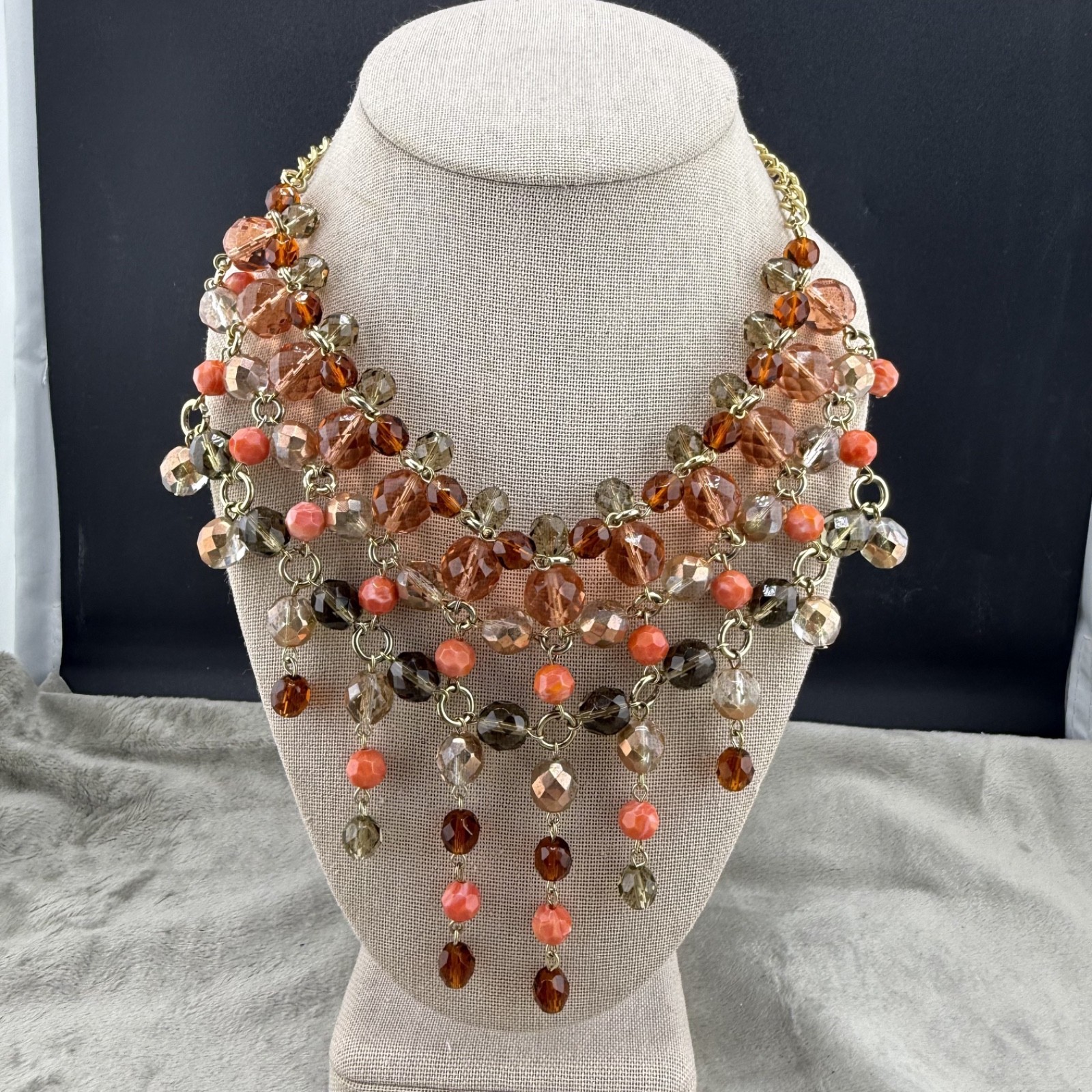 Adore Statement Necklace Bib Beaded Gold Tone Orange 16”