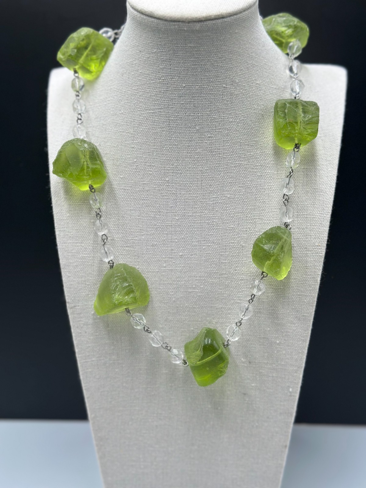 Green Chunky Nugget Beaded Necklace Clear Faceted Link Long Statement 20 Inch