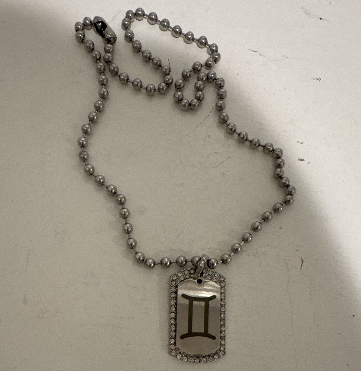 Silver Tone Ball/Bead Chain Necklace, Crystal Gemini Zodiac Charm Pendant