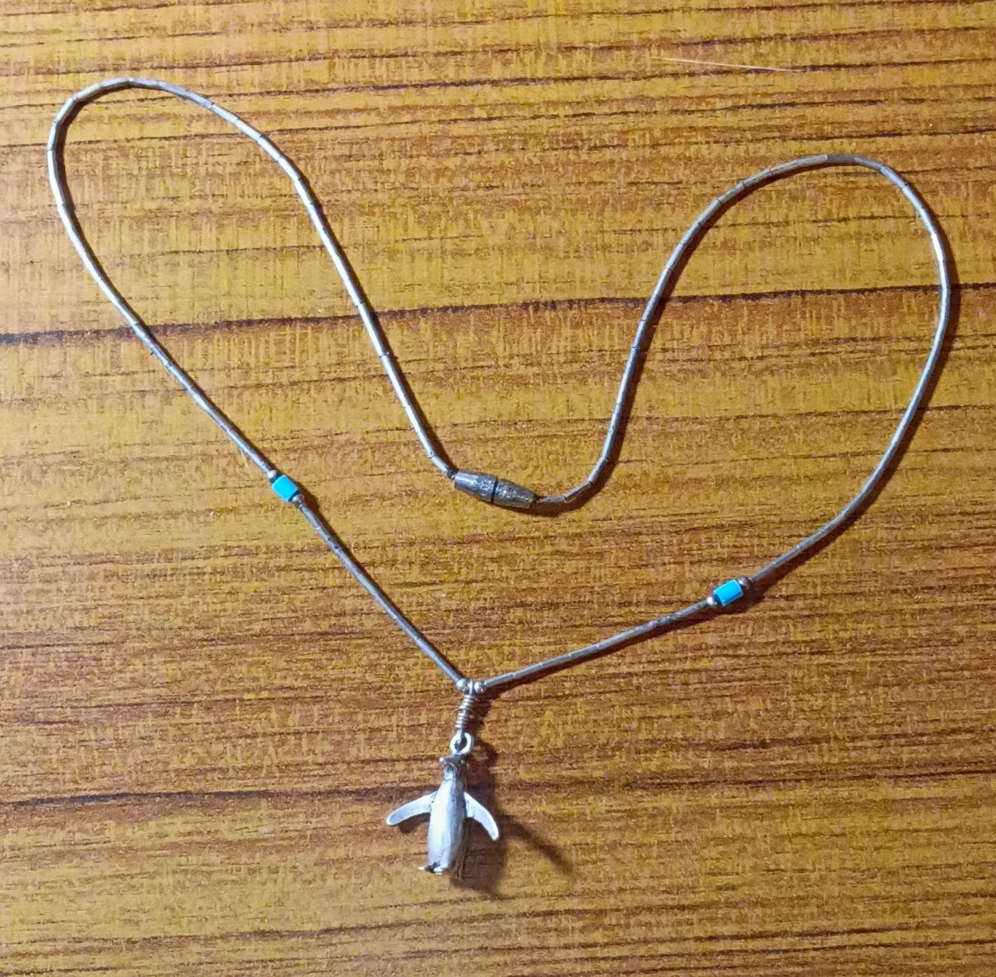 Silver 925 Liquid Chain Necklace Penguin Charm Turquoise Accents Magnetic