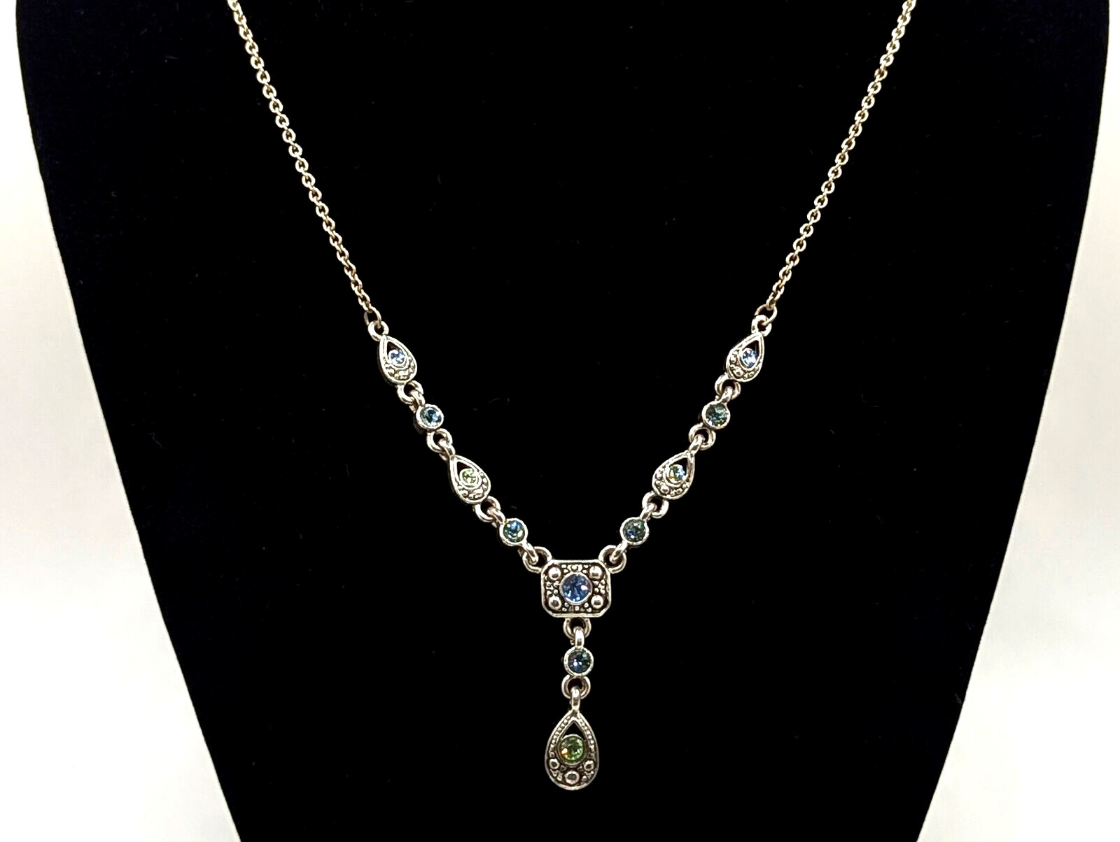 Vtg Trifari Blue Green Rhinestones Art Deco Silver Tone Y Drop Lariat Necklace