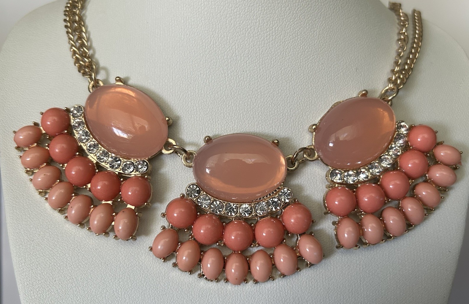 Blush Pink Coral Statement Bib Necklace Gold Tone Rhinestone Cabochon Boho