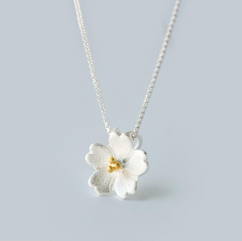 Silver Cherry Blossom Flower Pendant Chain Necklace