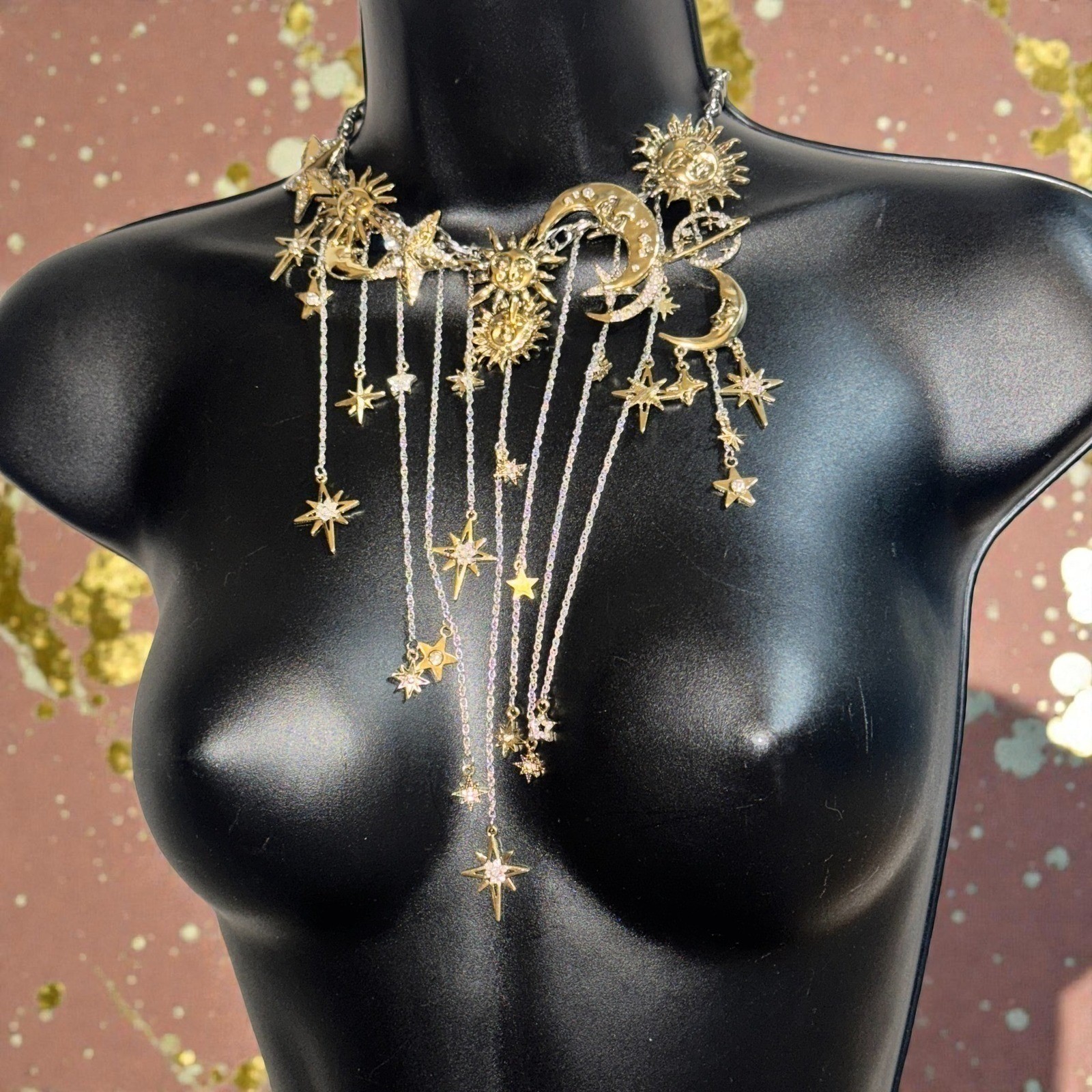 New Celestial Moon Sun Star Dangle Necklace Gold Statement Chunky Ravenclaw