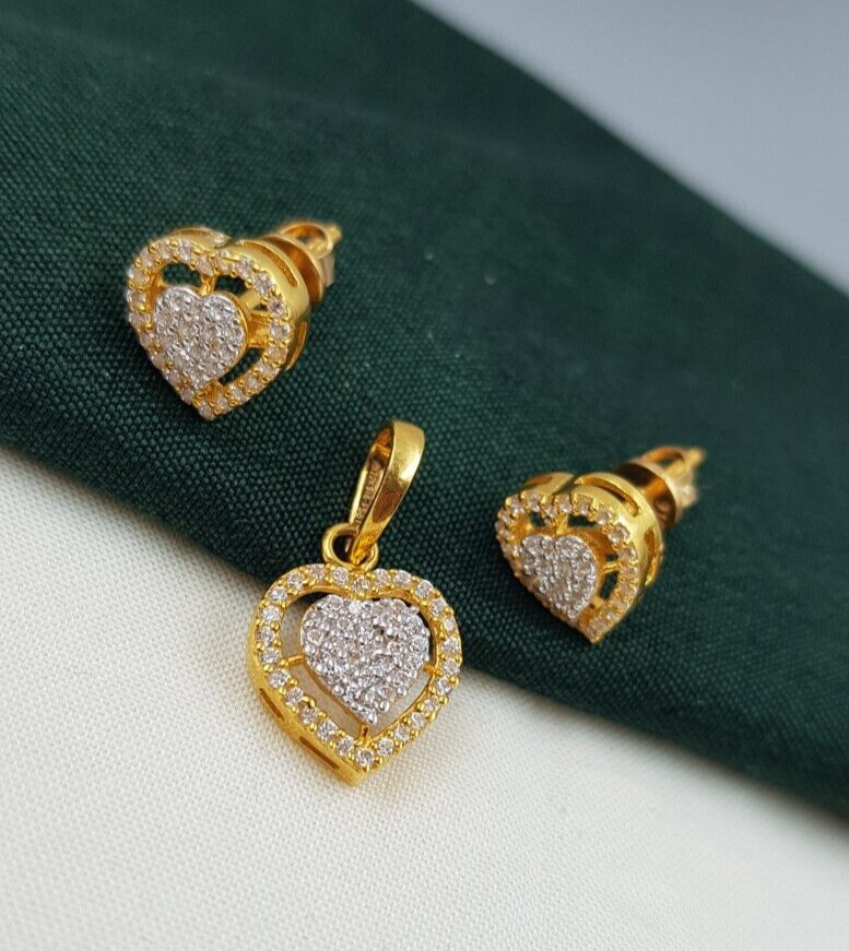 22K Gold Pendant With Earrings Set Wedding Women Heart Motif Pendant Necklace CZ