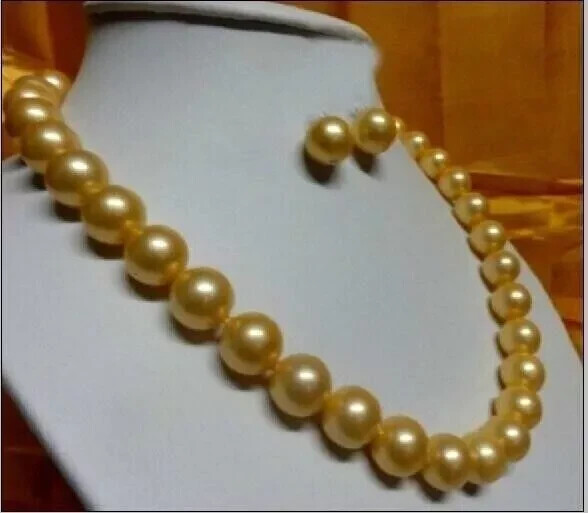 Perfect AAA natural round 9-10mm south sea gold pearl necklace earring 18in 14K