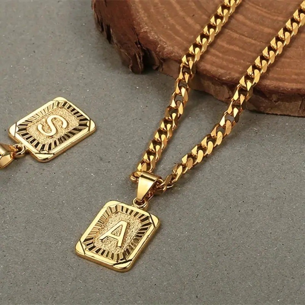 Gold Stainless Steel Cuban Chain Square Capital Initial Letter Pendant Necklace