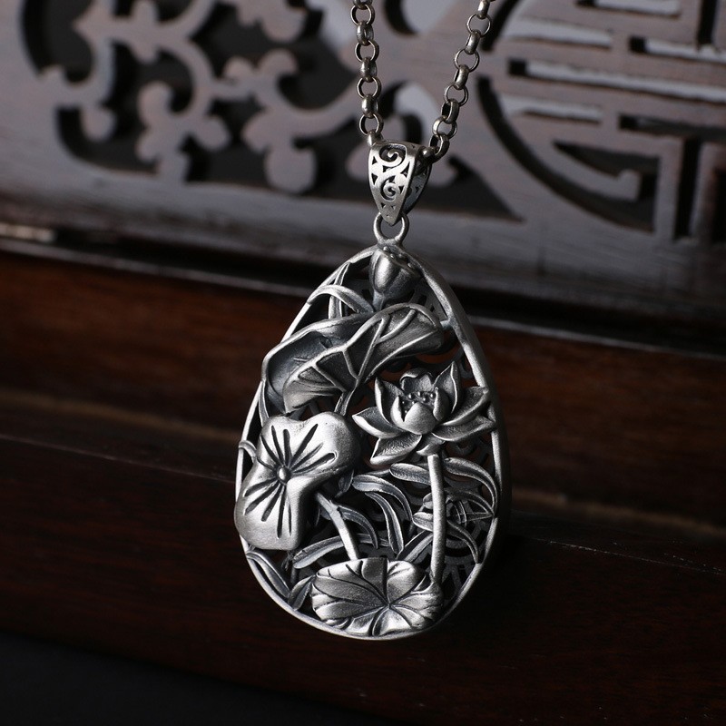 Lotus Leaf Teardrop Pendant Double Sided Openwork Matte 27.5g 990 Fine Silver