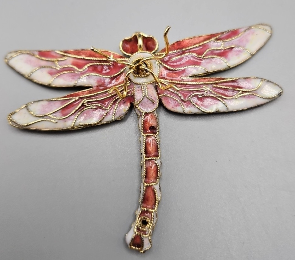 Pink Enamel Dragon Fly Pendant, 3.75″ across wings, 2.75″ head to tail. EUC P11