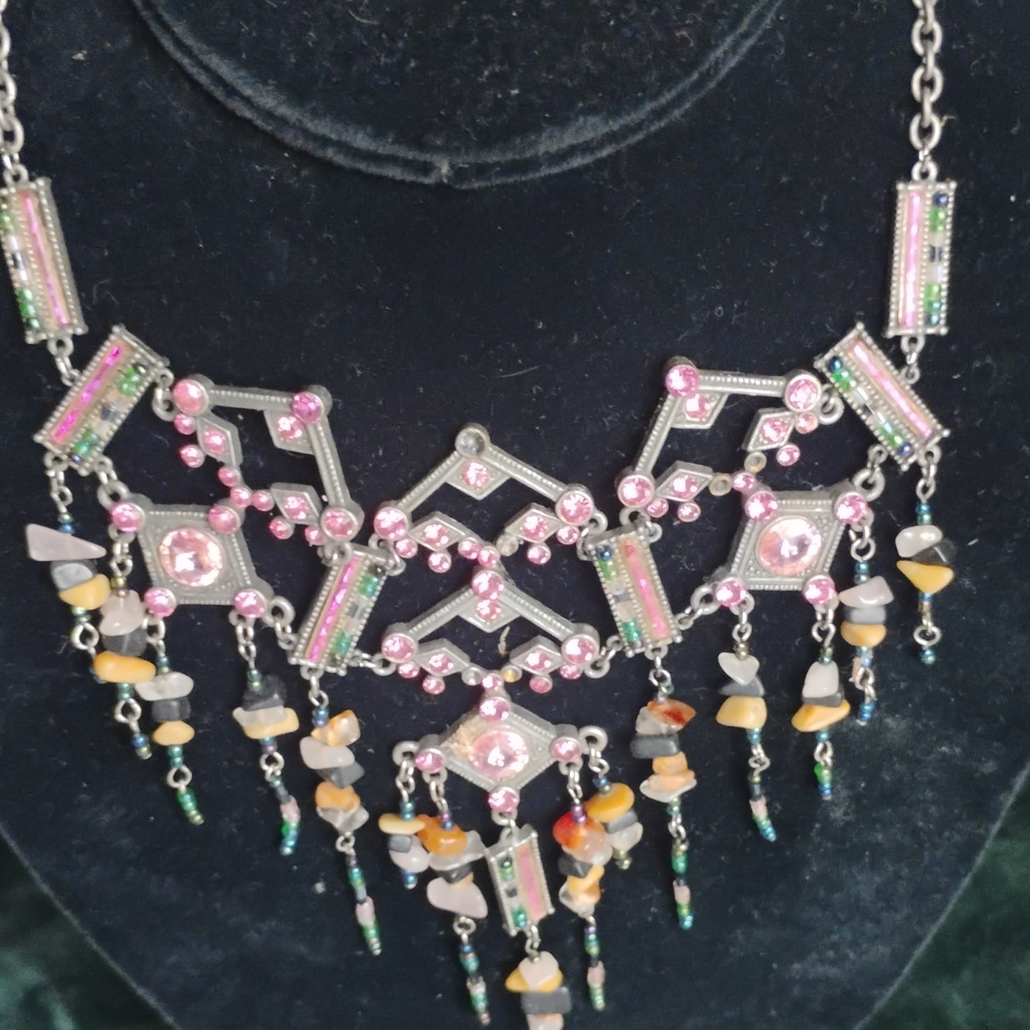 Silver Tone Art Deco Bib Statement Necklace, Pink Crystals Bead Dangles