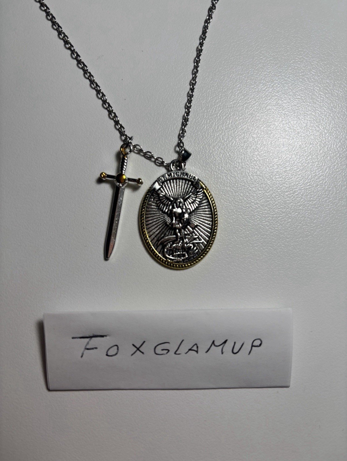 St Michael Archangel Pendant Necklace Stainless Steel Shield Lord’s Prayer 18″