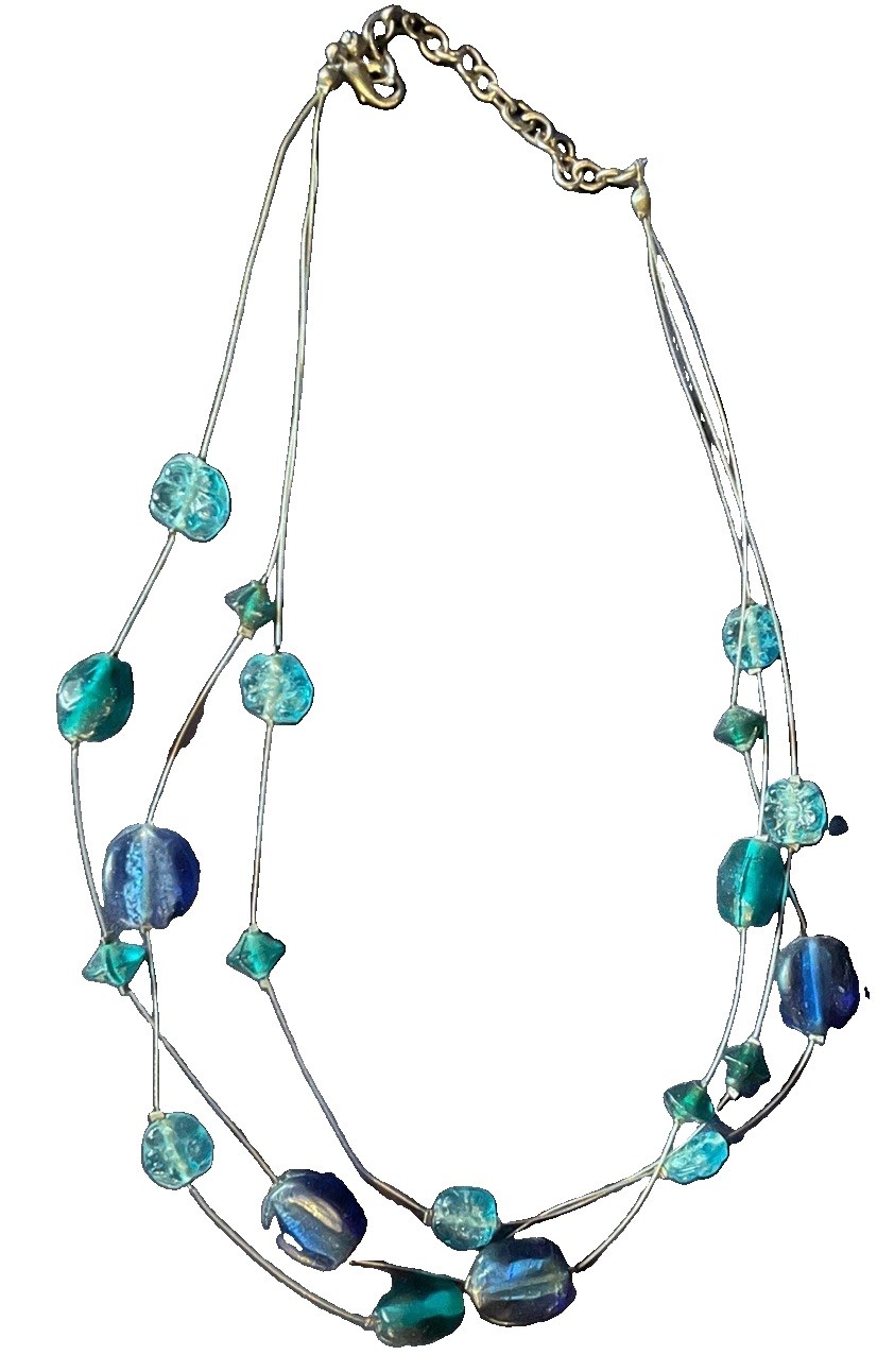 Lot of 2 Blue Turquoise Multi Strand Statement Necklaces Floating Wire Boho Set