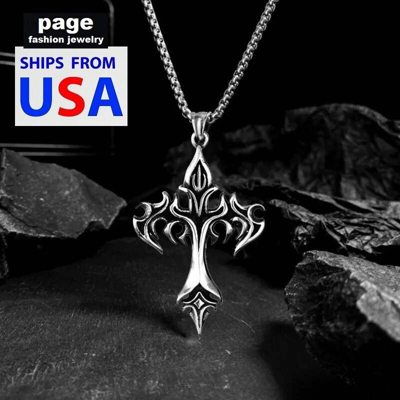 Gothic 2″ X 1.5″ Cross Pendant Male/Female Necklace Jewelry 2mm Rolo Box Chain