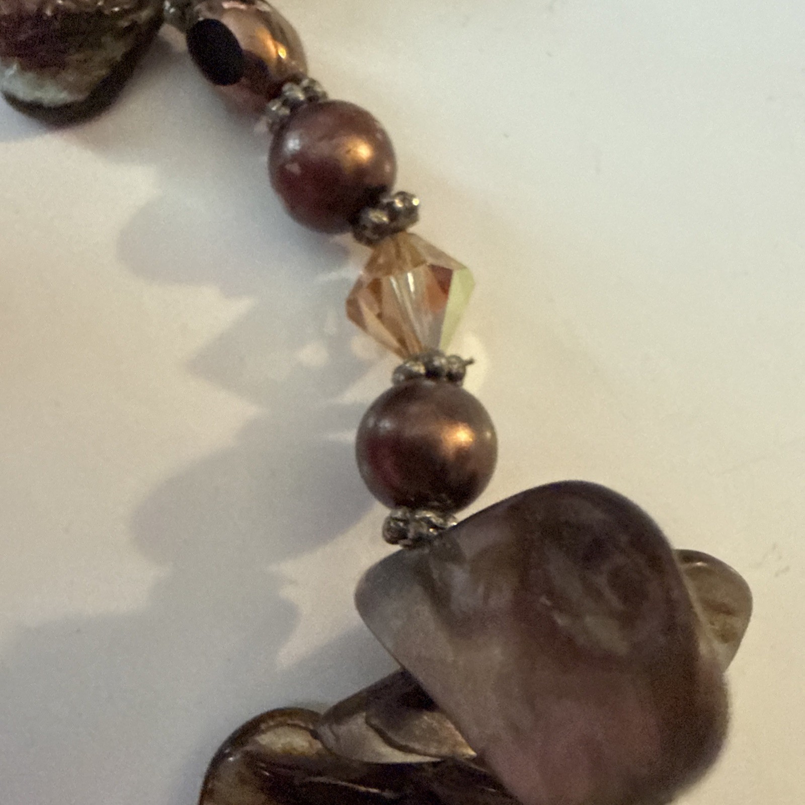 BROWN BRONZED ABALONE SHELL Necklace Beaded Silver Tone Spacers Toggle Clasp