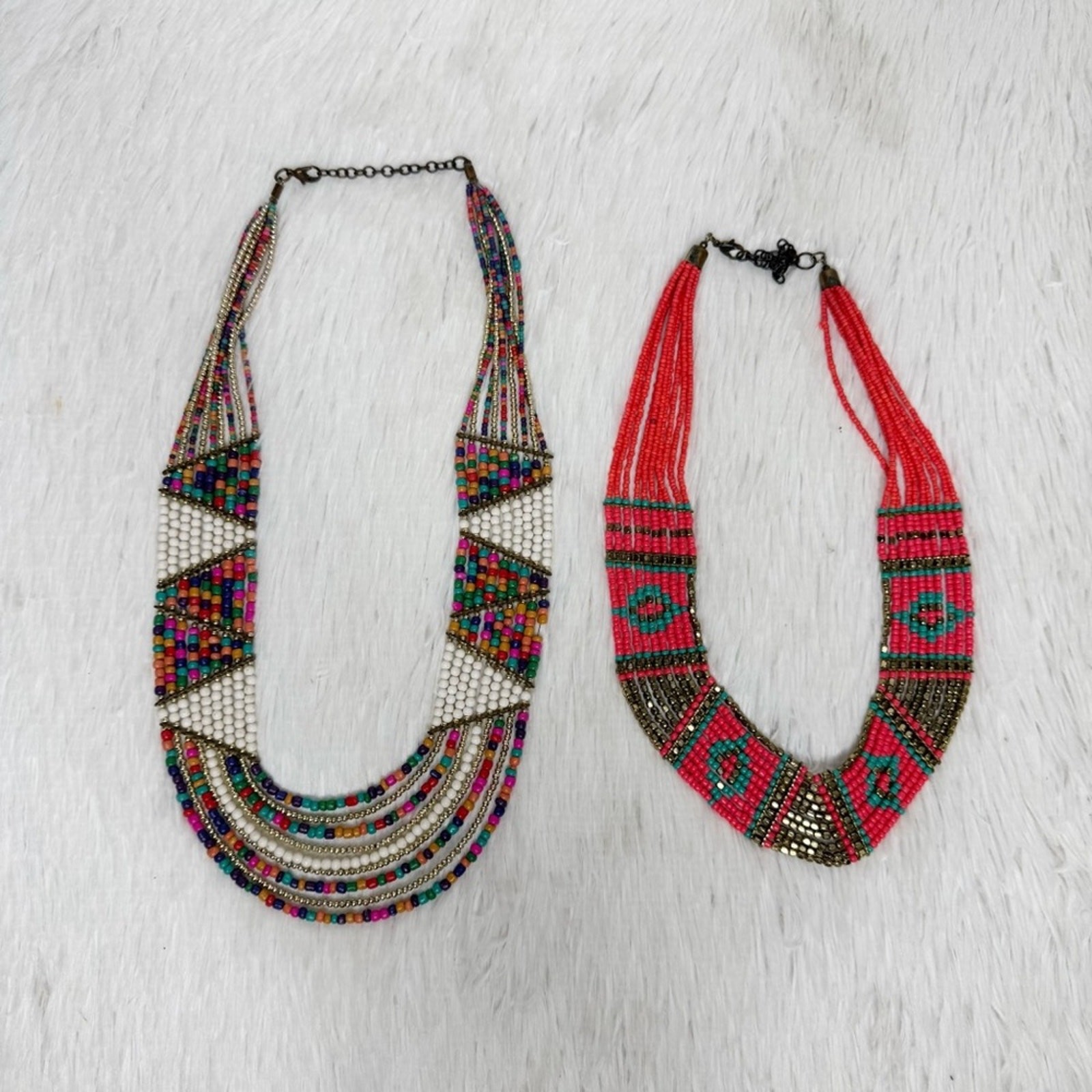 Lot of 2 colorful multistrand beaded tribal aztec native style collar necklaces