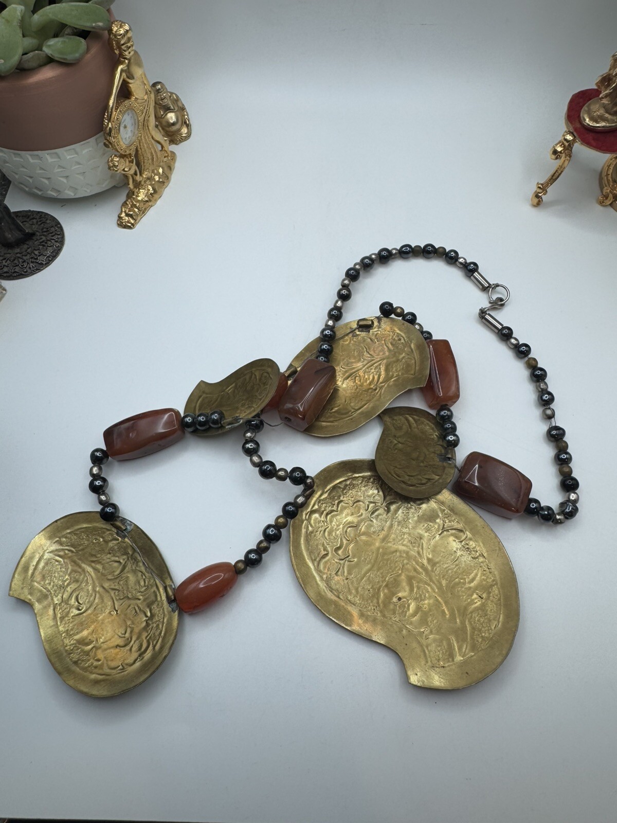 Vintage Boho Ethnic Mixed Metal Necklace Copper Brass Black Beads Statement 32”