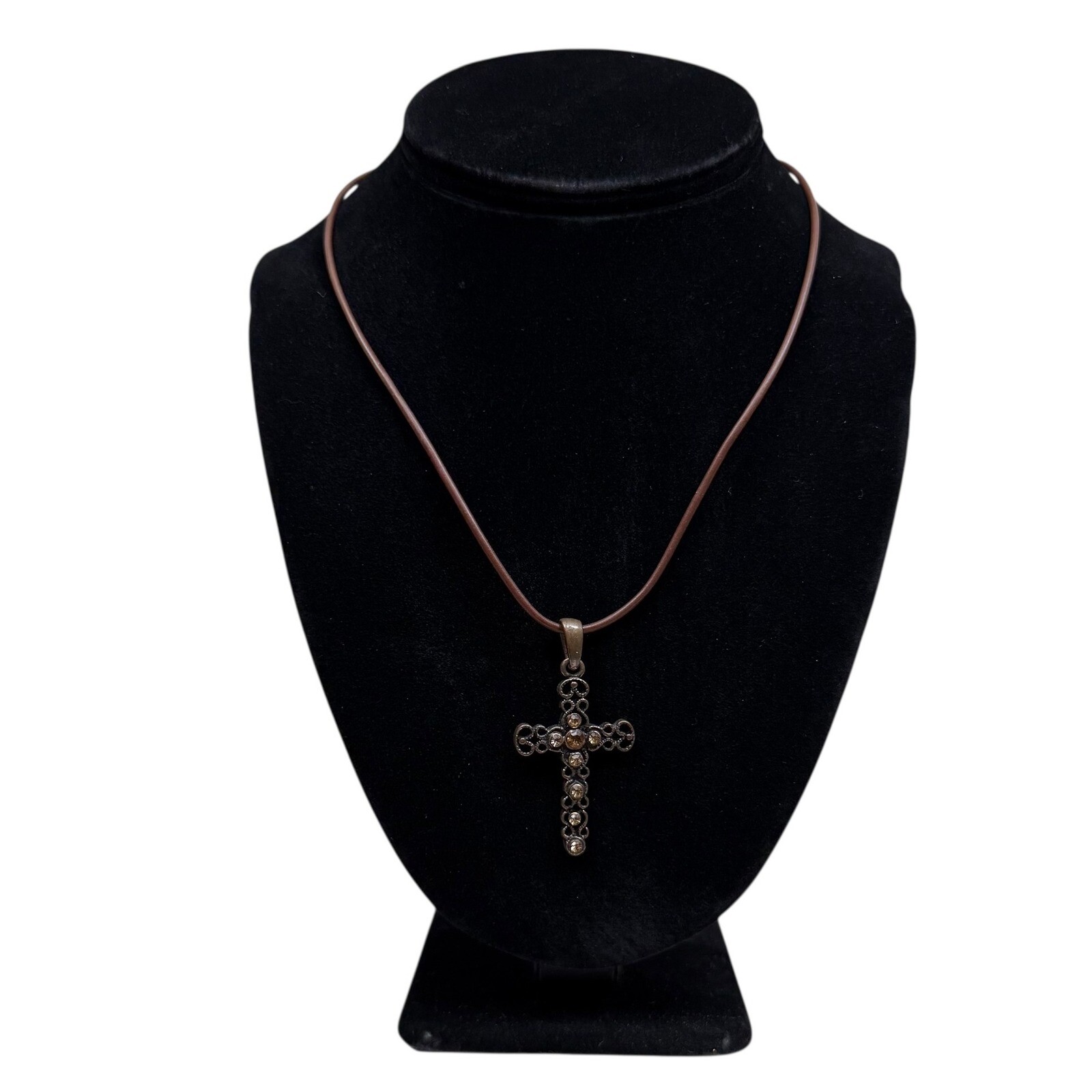 Relativity Bronze Rhinestone Accent Cross Pendant Necklace Brown Cord Chain 10in